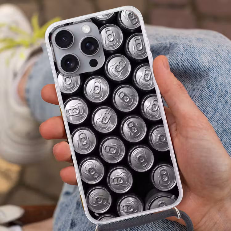 Blikjes - Aluminium - Patroon - Industrieel - Zilver Hoesje iPhone 16 Pro Max met koord klein -sfeer3
