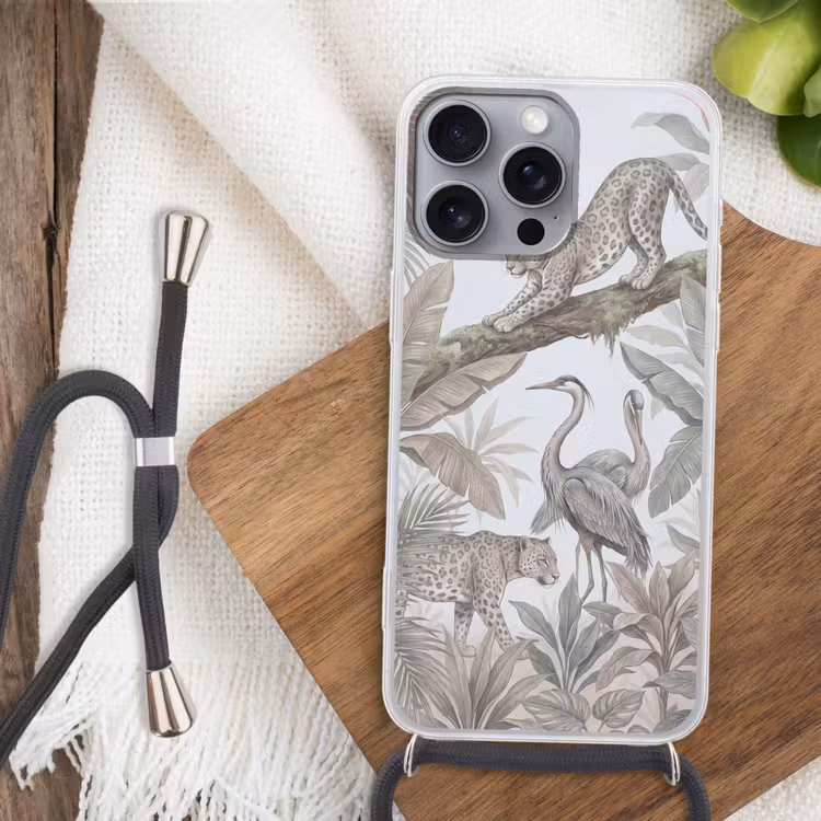 Kat - Vogel - Jungle - Illustratie - Dieren Hoesje iPhone 16 Pro Max met koord klein -sfeer4