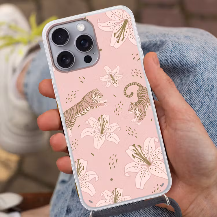 Kat - Springend - Bloemen - Abstract - Roze Hoesje iPhone 16 Pro Max met koord klein -sfeer3