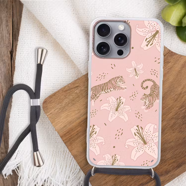 Kat - Springend - Bloemen - Abstract - Roze Hoesje iPhone 16 Pro Max met koord klein -sfeer4