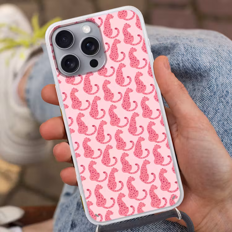 Kat - Gevlekt - Dieren - Patroon - Roze Hoesje iPhone 16 Pro Max met koord klein -sfeer3