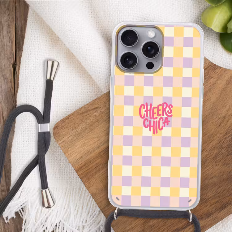 Cheers Chica - Ruitjes - Lila - Geel Hoesje iPhone 16 Pro Max met koord klein -sfeer4