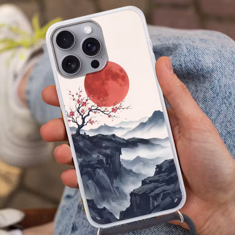 Kersenbloesem - Oosters - Rood Hoesje iPhone 16 Pro Max met koord klein -sfeer3