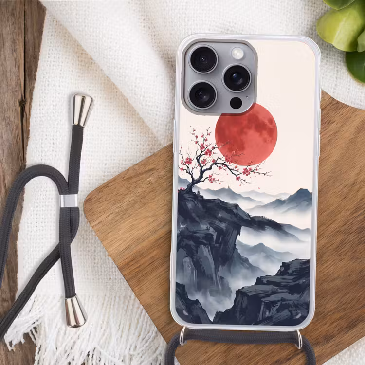 Kersenbloesem - Oosters - Rood Hoesje iPhone 16 Pro Max met koord klein -sfeer4