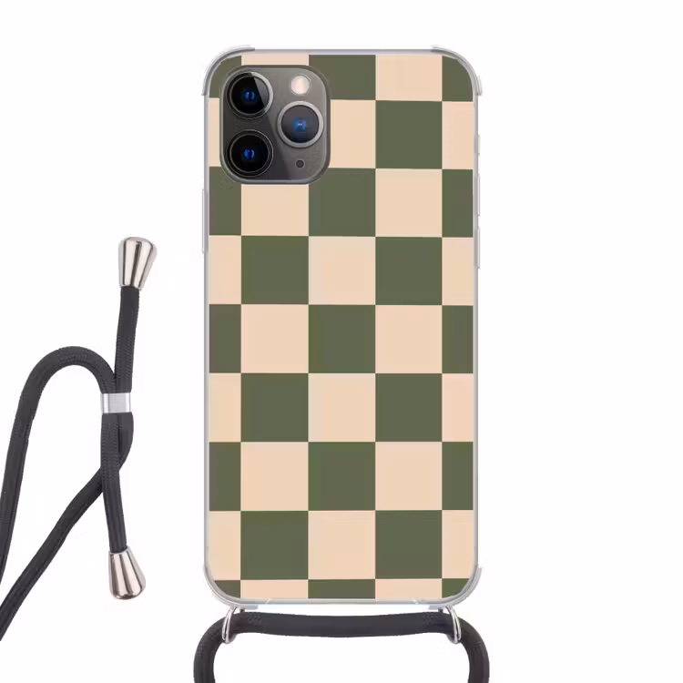 Schaakbord print - Groen - Beige - Blokjes Hoesje iPhone 12 Pro met koord klein -3d
