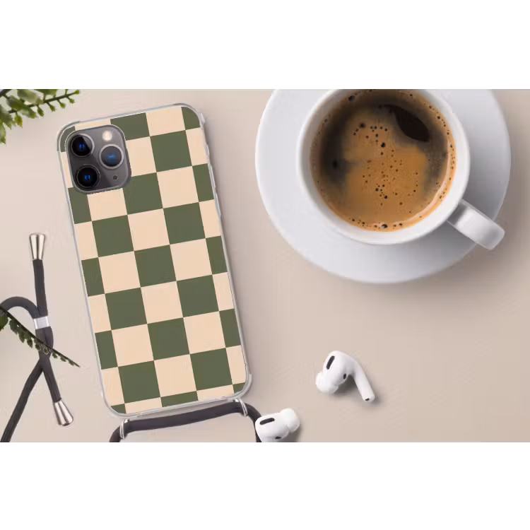 Schaakbord print - Groen - Beige - Blokjes Hoesje iPhone 12 Pro met koord klein -oordop