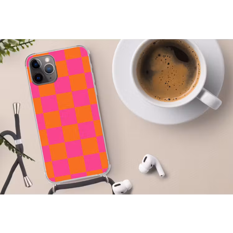 Schaakbord print - Oranje - Roze - Blokjes Hoesje iPhone 12 Pro met koord klein -oordop