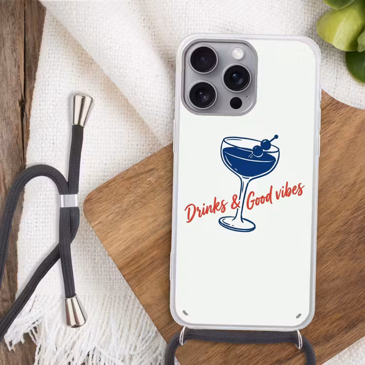 Cocktail - Glas - Illustratie - Blauw - Wit Hoesje iPhone 16 Pro Max met koord klein -sfeer4