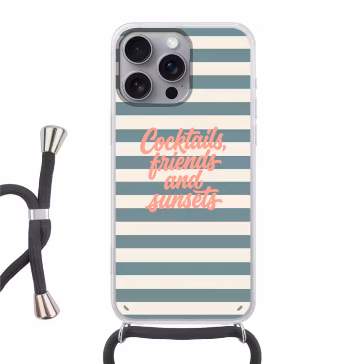 Cocktails - Strepen - Blauw - Koraal Hoesje iPhone 16 Pro Max met koord klein -3d