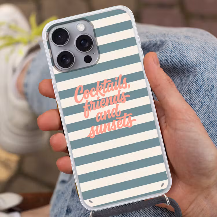 Cocktails - Strepen - Blauw - Koraal Hoesje iPhone 16 Pro Max met koord klein -sfeer3
