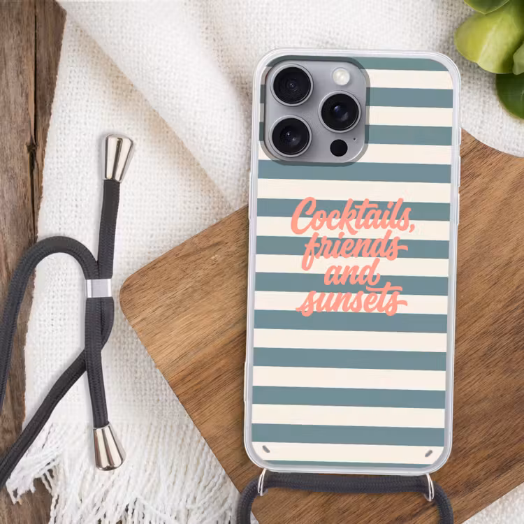 Cocktails - Strepen - Blauw - Koraal Hoesje iPhone 16 Pro Max met koord klein -sfeer4