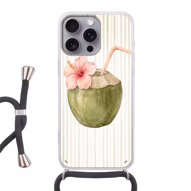 Kokosnoot - Drank - Tropisch - Illustratie - Zomer Hoesje iPhone 16 Pro Max met koord klein -3d