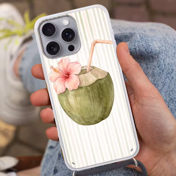 Kokosnoot - Drank - Tropisch - Illustratie - Zomer Hoesje iPhone 16 Pro Max met koord klein -sfeer3