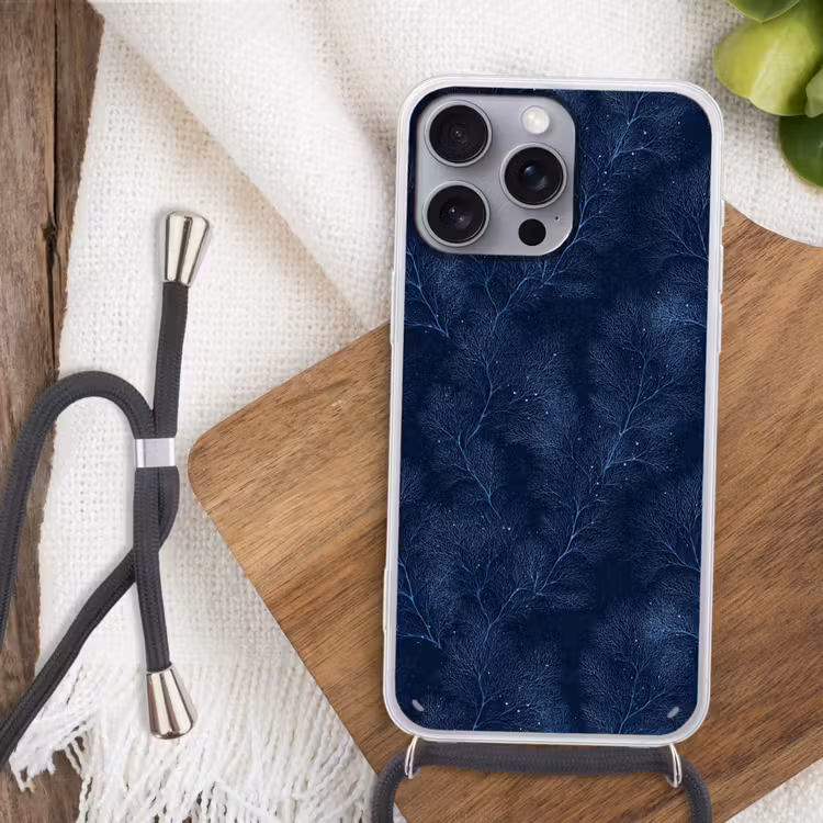 Koraal - Takken - Patroon - Nachtblauw Hoesje iPhone 16 Pro Max met koord klein 804 -sfeer4