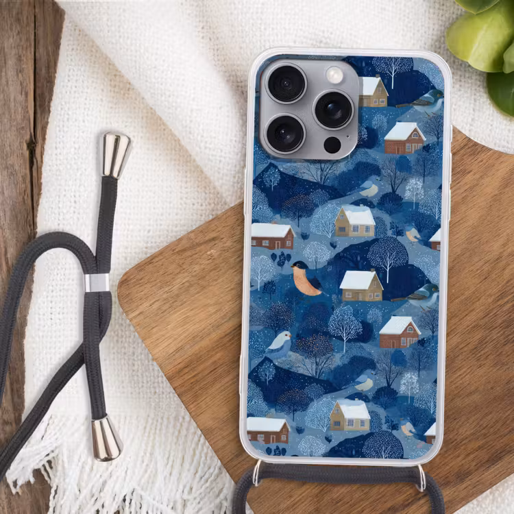 Huisjes - Vogels - Sneeuw - Winter - Blauw Hoesje iPhone 16 Pro Max met koord klein 804 -sfeer4