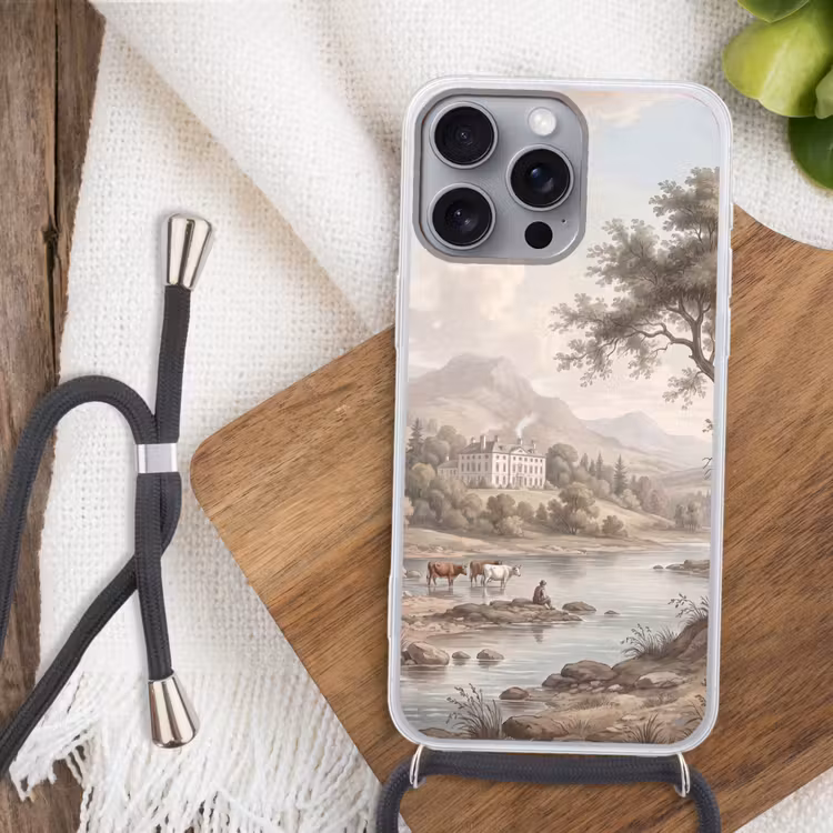 Landhuis - Rivier - Vee Hoesje iPhone 16 Pro Max met koord klein -sfeer4