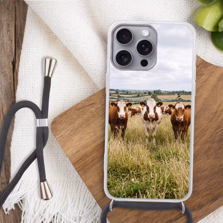Koeien - Portret - Weide - Boerderij - Nieuwsgierig Hoesje iPhone 16 Pro Max met koord klein -sfeer4