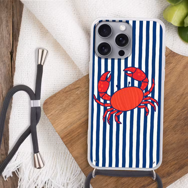 Krab - Strepen - Zeeleven - Illustratie - Rood Hoesje iPhone 16 Pro Max met koord klein -sfeer4