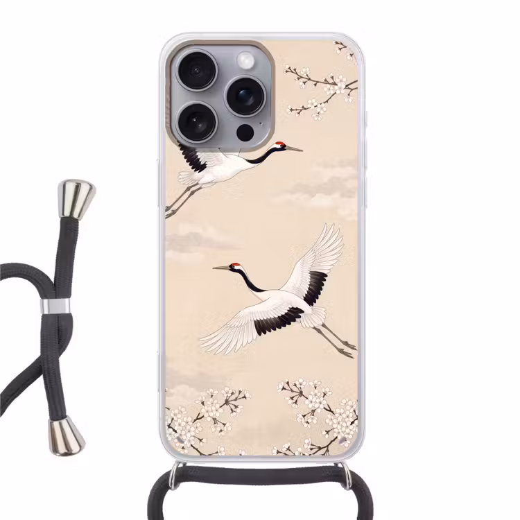 Kraanvogels - Bloesem - Beige Hoesje iPhone 16 Pro Max met koord klein -3d