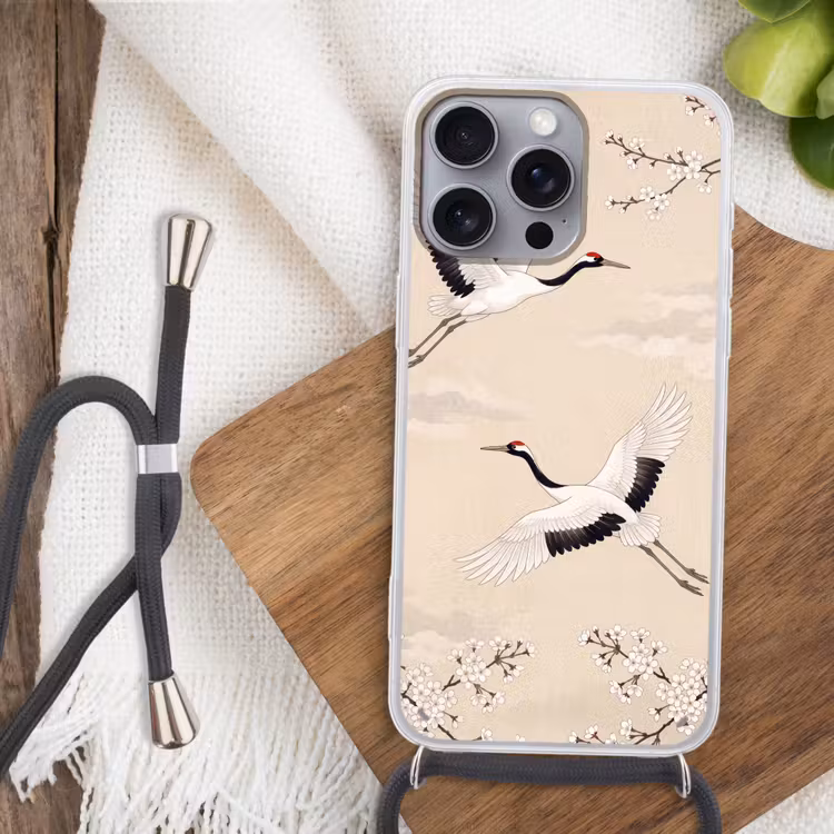 Kraanvogels - Bloesem - Beige Hoesje iPhone 16 Pro Max met koord klein -sfeer4