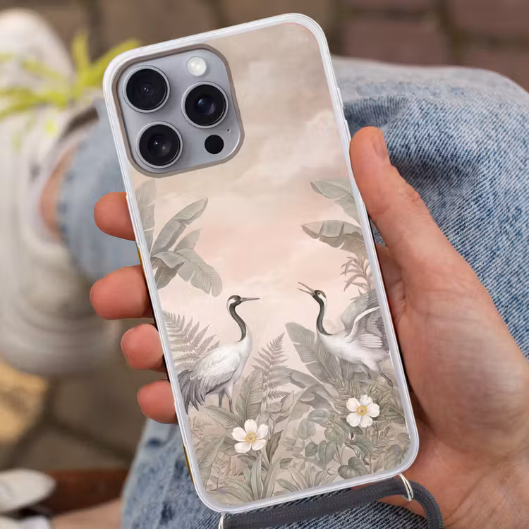 Kraanvogels - Natuur - Roze Hoesje iPhone 16 Pro Max met koord klein -sfeer3
