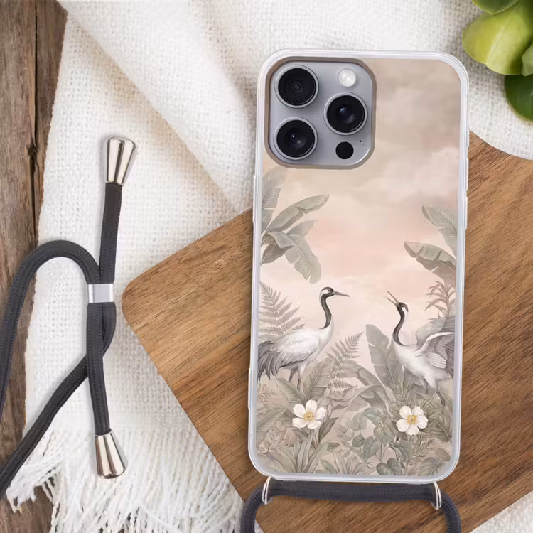 Kraanvogels - Natuur - Roze Hoesje iPhone 16 Pro Max met koord klein -sfeer4
