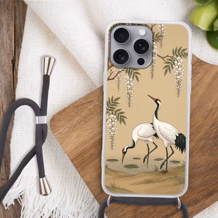 Kraanvogels - Water - Beige Hoesje iPhone 16 Pro Max met koord klein -sfeer4