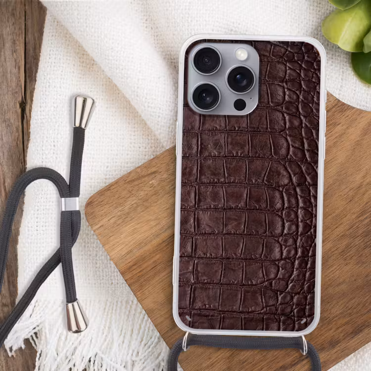Krokodil - Leer - Bruin Hoesje iPhone 16 Pro Max met koord klein -sfeer4