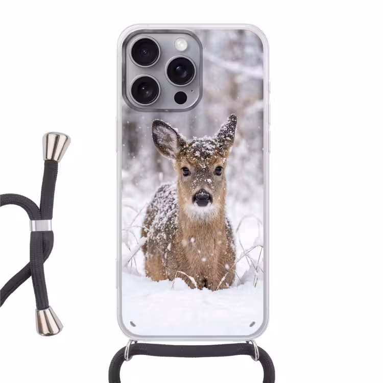 Hert - Sneeuw - Bos - Dieren - Vertederend Hoesje iPhone 16 Pro Max met koord klein -3d
