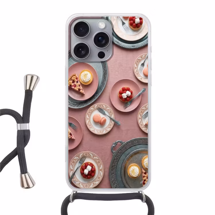 Dessert - Taart - Gebak - Zoet - Roze Hoesje iPhone 16 Pro Max met koord klein -3d