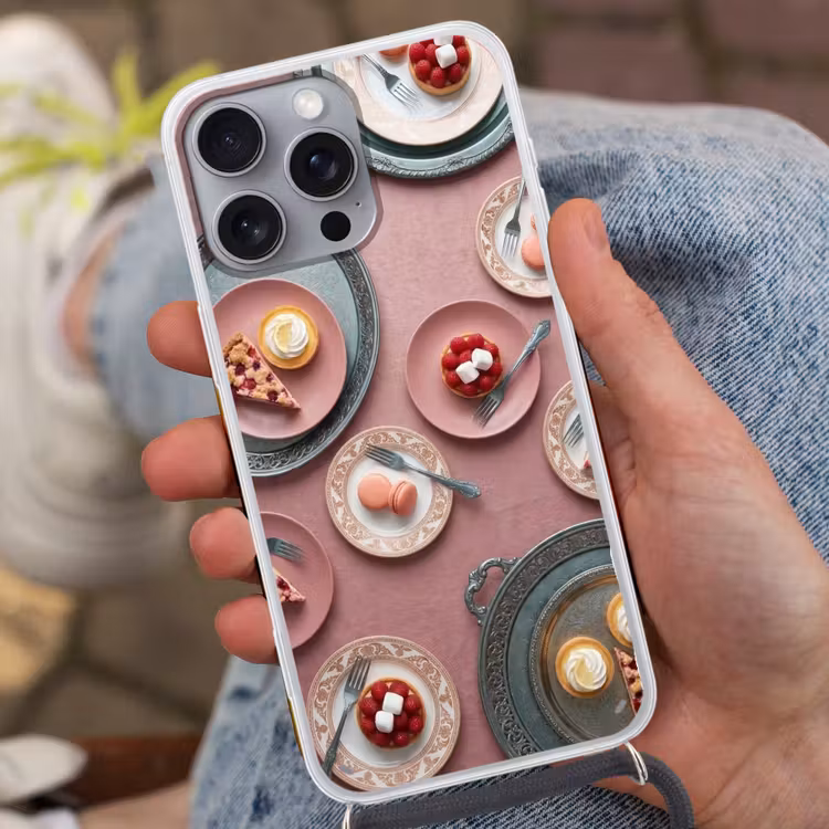 Dessert - Taart - Gebak - Zoet - Roze Hoesje iPhone 16 Pro Max met koord klein -sfeer3