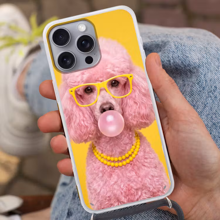 Hond - Kauwgum - Dieren - Modern - Roze Hoesje iPhone 16 Pro Max met koord klein -sfeer3