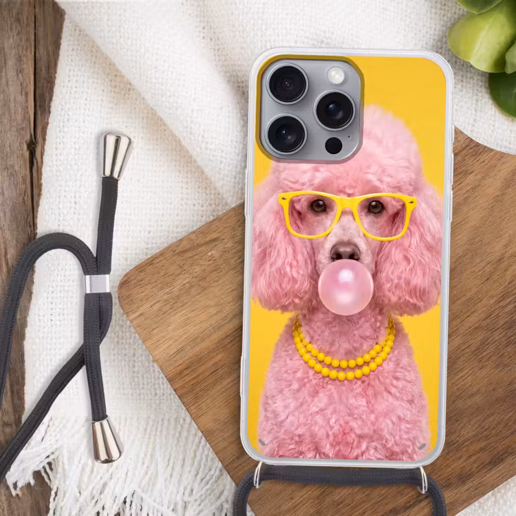 Hond - Kauwgum - Dieren - Modern - Roze Hoesje iPhone 16 Pro Max met koord klein -sfeer4