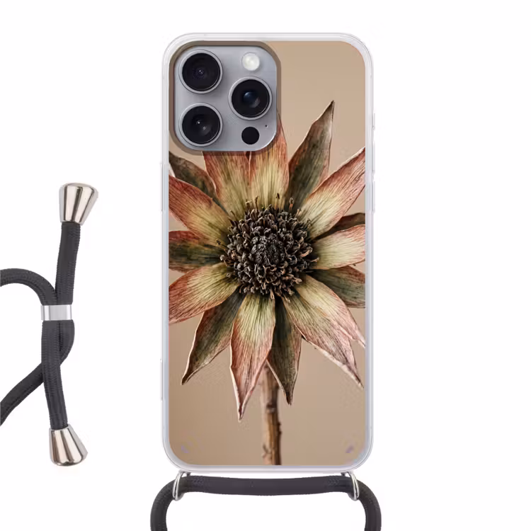 Droogbloem - Protea - Vintage - Beige - Rustiek Hoesje iPhone 16 Pro Max met koord klein -3d