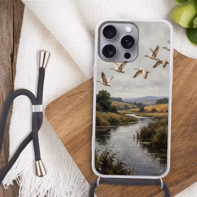 Eenden - Rivier - Landschap - Vlucht - Nostalgisch Hoesje iPhone 16 Pro Max met koord klein -sfeer4