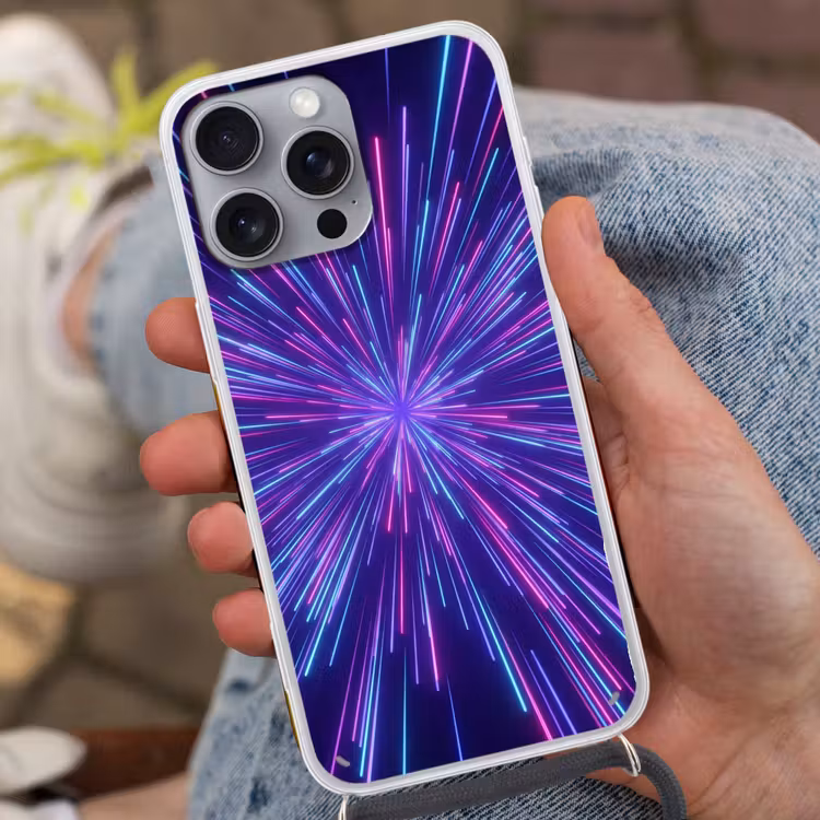 Dynamisch - Ruimte - Kleurrijk Hoesje iPhone 16 Pro Max met koord klein -sfeer3