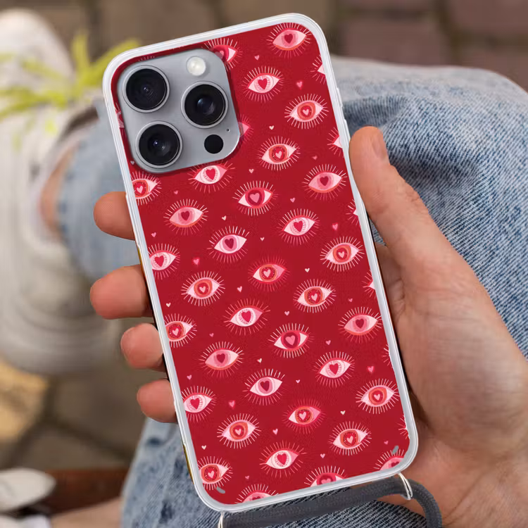Ogen - Patroon - Roze - Donkerrood Hoesje iPhone 16 Pro Max met koord klein 804 -sfeer3