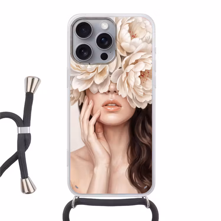 Gezicht - Pioenrozen - Crème Hoesje iPhone 16 Pro Max met koord klein -3d