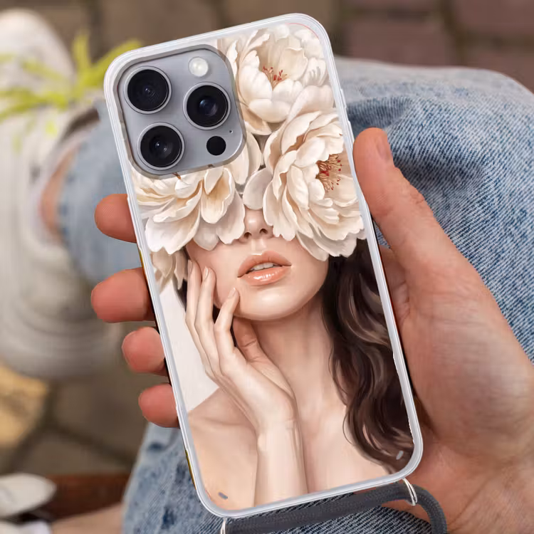 Gezicht - Pioenrozen - Crème Hoesje iPhone 16 Pro Max met koord klein -sfeer3