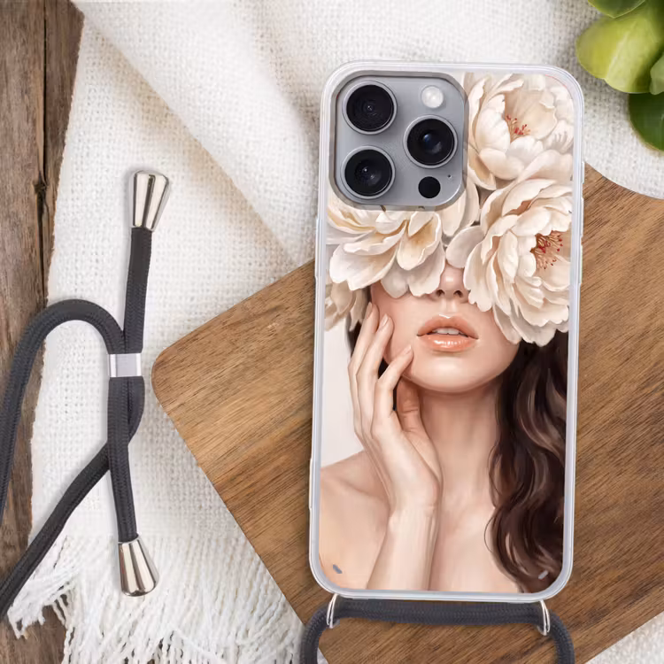 Gezicht - Pioenrozen - Crème Hoesje iPhone 16 Pro Max met koord klein -sfeer4