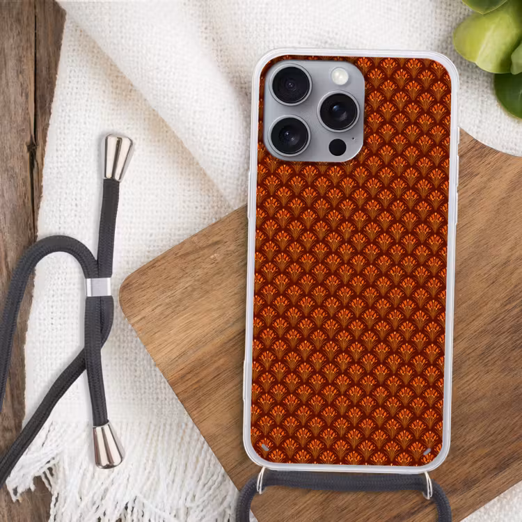 Waaiers - Art Deco - Botanisch - Roestbruin - Oranje Hoesje iPhone 16 Pro Max met koord klein 804 -sfeer4