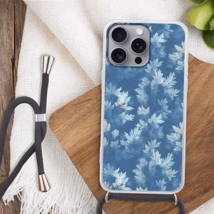 Varen - Botanisch - Patroon - Grijsblauw Hoesje iPhone 16 Pro Max met koord klein 804 -sfeer4