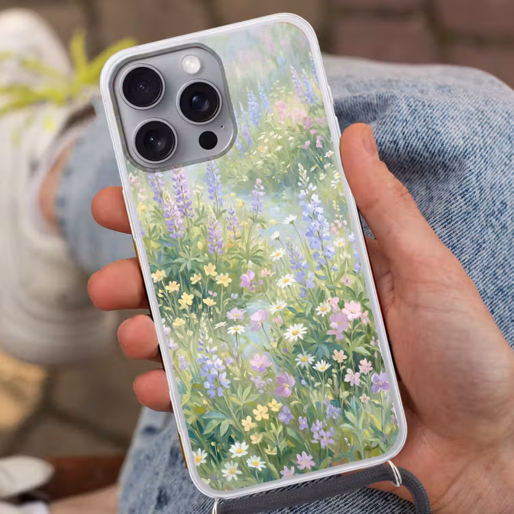 Bloemenveld - Heuvels - Kleurrijk Hoesje iPhone 16 Pro Max met koord klein -sfeer3
