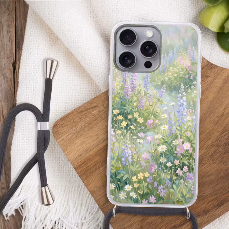 Bloemenveld - Heuvels - Kleurrijk Hoesje iPhone 16 Pro Max met koord klein -sfeer4