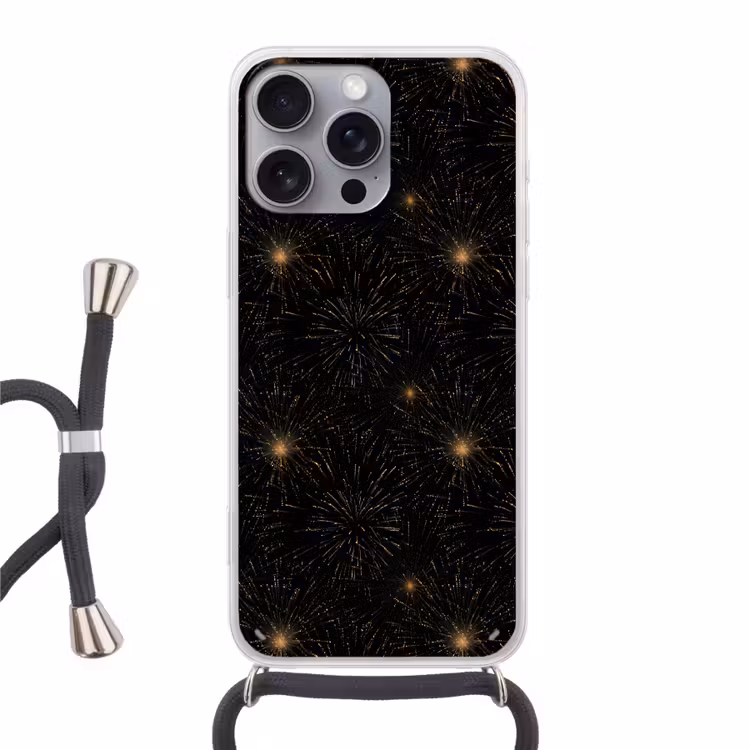 Vuurwerk - Patroon - Feestelijk - Goud - Zwart Hoesje iPhone 16 Pro Max met koord klein 804 -3d