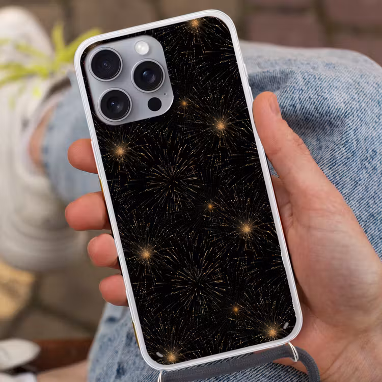Vuurwerk - Patroon - Feestelijk - Goud - Zwart Hoesje iPhone 16 Pro Max met koord klein 804 -sfeer3