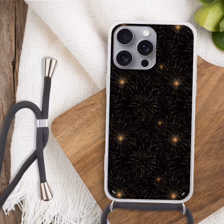 Vuurwerk - Patroon - Feestelijk - Goud - Zwart Hoesje iPhone 16 Pro Max met koord klein 804 -sfeer4