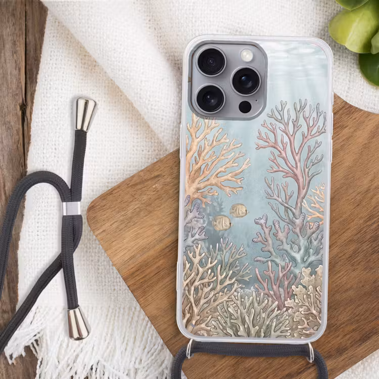 Vis - Koraal - Oceaan - Illustratie - Onderwater Hoesje iPhone 16 Pro Max met koord klein -sfeer4