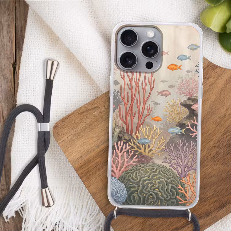 Vis - Koraalrif - Onderwaterwereld - Illustratie Hoesje iPhone 16 Pro Max met koord klein -sfeer4