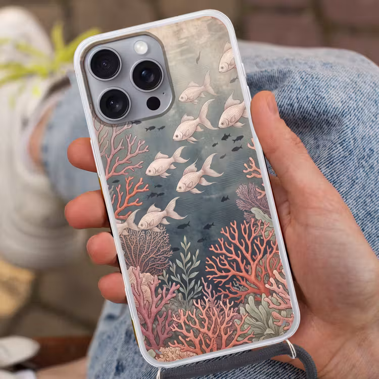 Vis - Koraal - Onderwater - Illustratie - Vintage Hoesje iPhone 16 Pro Max met koord klein -sfeer3